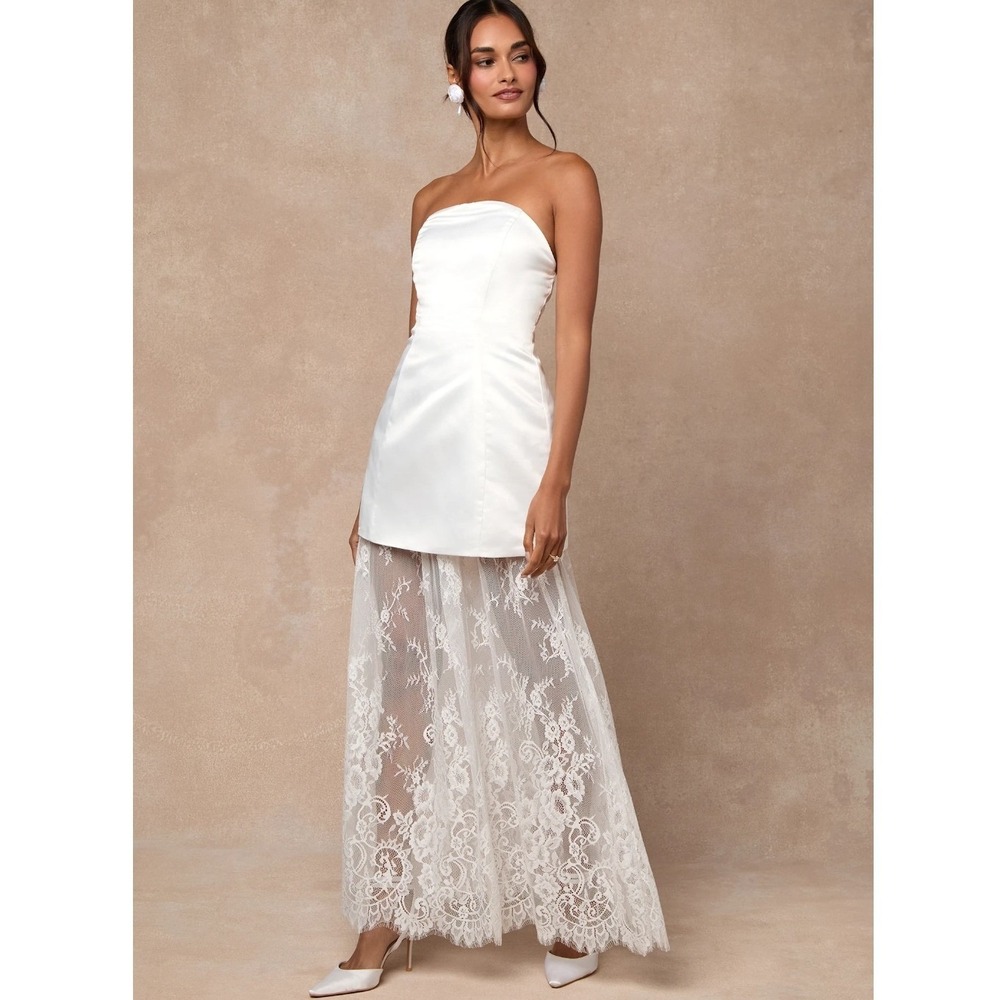 Lulus Winslet White Satin Sheer Hem Strapless Maxi Dress Open Back NWT XL